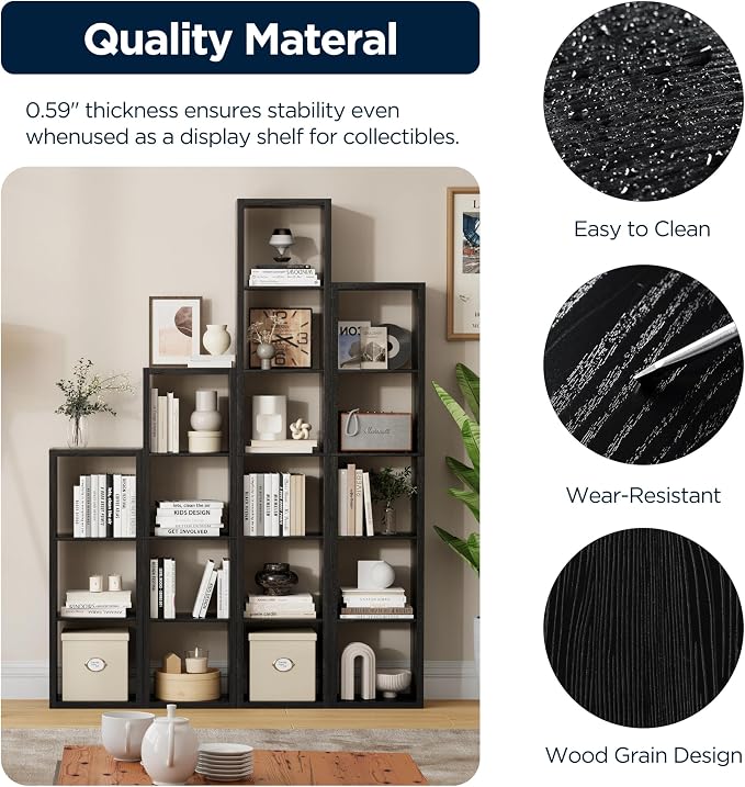 6 Cube Storage Organizer Single Row, Cube Shelf with Heavy-Duty Thick Boards, 13.31" L x 9.37" W x 72.36" H, Smooth Easy-Clean Panels, Simple Assembly, for Living Room Bedroom Office, Black