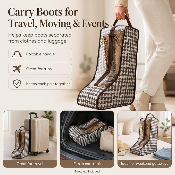 TUYUU 2 Pack Boot Storage Bag for Cowboy Boots, Portable Tall Boot Bags with Clear Window and Handle, Dustproof Non Woven Boot Organizer for Closet Travel Packing, Shoe Protector Bag for Women Boots