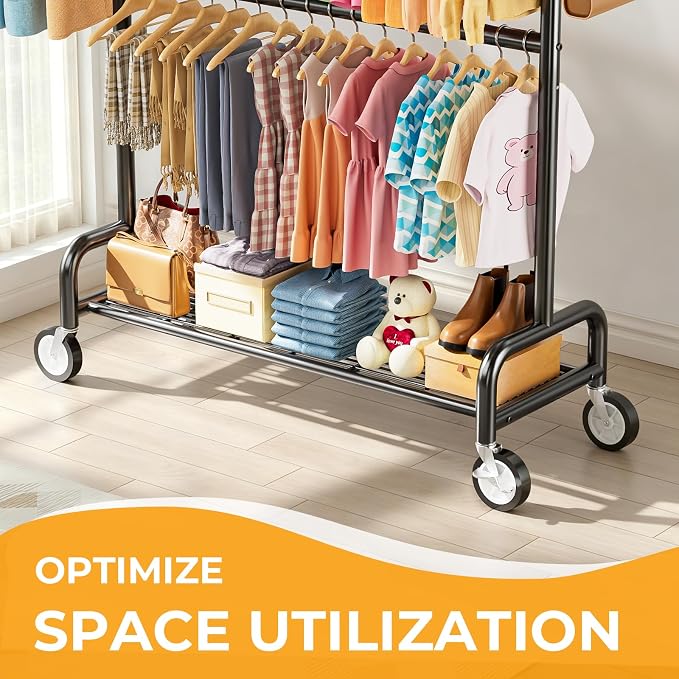 Heavy Duty Clothes Rack Load 860LBS, Double Rods Rolling Clothing Racks for Hanging Clothes, Rolling Garment Rack With Sturdy Wheels Shelves, Portable & Adjustable Commercial Garment Rack, Black