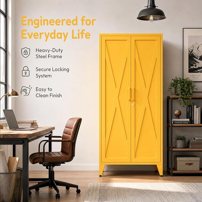 61'' Tall Metal Pantry Cabinet with Lock and 3 Adjustable Shelves,Freestanding Heavy Duty Steel Storage Locker, Yellow Metal Cabinets for Kitchen,Living Room,Laundry,Garage