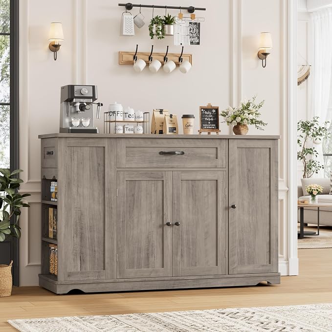 HOSTACK Kitchen Island Cart with Storage, Rolling Island Table, Ash Gray | 47"W Mobile Kitchen Storage Islands on Wheels with 2 Drawers, Adjustable Shelves, Movable Buffet Cabinet for Dining room