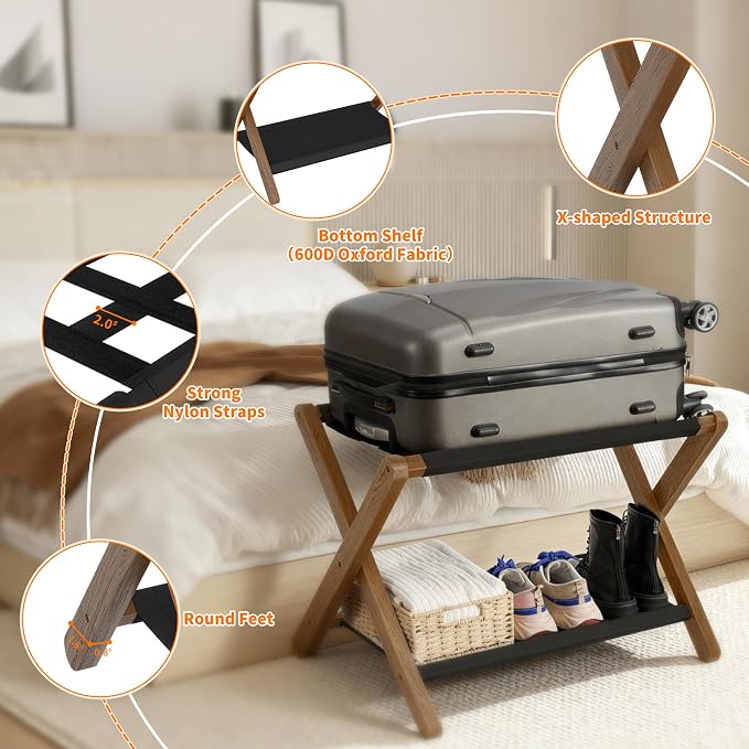 Heybly Luggage Rack, Pack of 2, Folding Suitcase Stand with Storage Shelf, Heavy-Duty Luggage Holder for Guest Room Bedroom Hotel, Holds up to 165 lb, Walnut, HLR010WB2