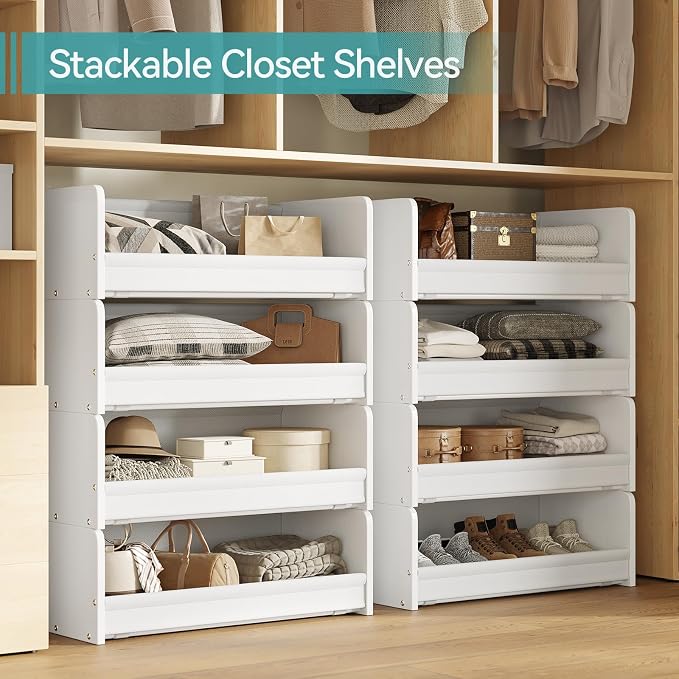 FOUCSSOMEI Closet Organizer and Storage, 4 Tier Stackable Storage Organizer, Wooden & Metal Closet Shelves, Modular Clothes Organizer, Storage Shelf, Bedroom & Closet Organization, Patent Design