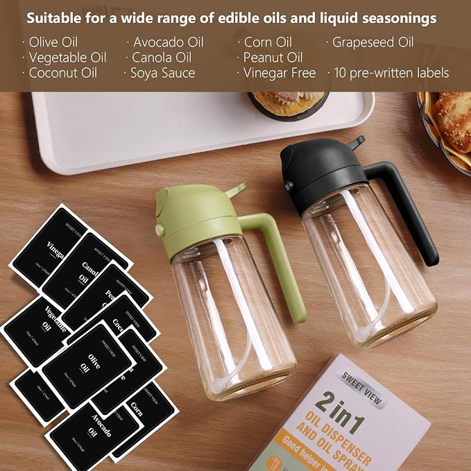 SWEET VIEW 2PCS Olive Oil Sprayer for Cooking 16oz/470ml | Glass Oil Dispenser/Pour Bottle, Kitchen Accessories, Kitchen Gadgets for Air Fryer, Salad, BBQ, with Stickers (Black,Green)