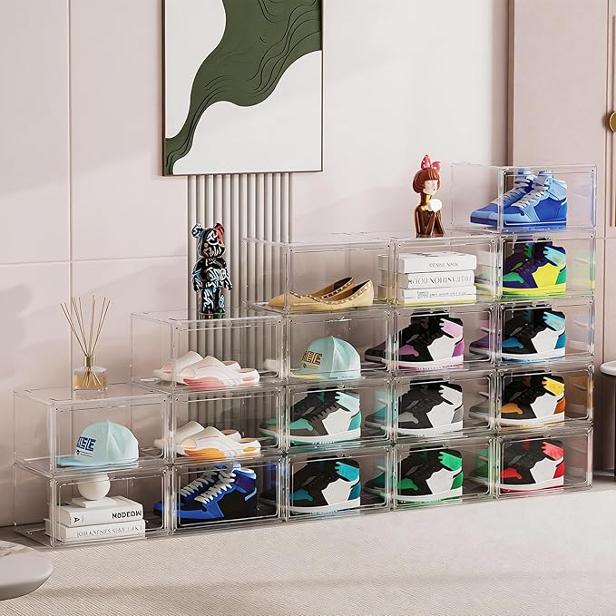 HIYOHIYO Clear Shoe Storage Box with Large Capacity Fits US Size 14, 1-Pack | Stackable, With Magnetic Door, Thicken Sturdy, Easy Assembly Transparent Display Case, For Sneaker, Ankle Boots, High Heels
