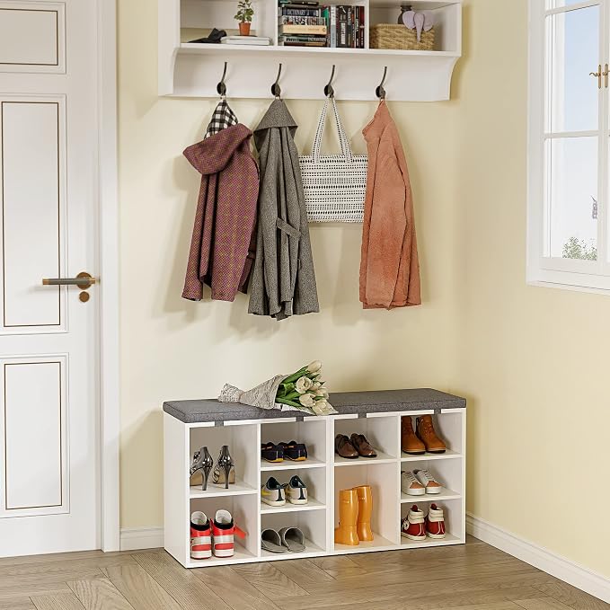 coucheta Shoe Storage Bench with Cushion, Cubby Seat Shoe Cabinet, Small Shoe Rack Bench with 3-Tier Adjustable Shelf for Entryway, Bedroom, Living Room, Hallway, Closet and Garage (White, 20 Inches)
