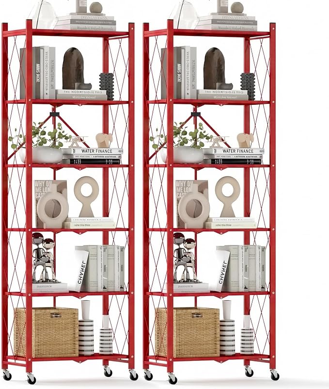 DEANIC 6-Shelf Folding Bookcase with Wheels, Heavy Duty Storage Shelves, Freestanding Metal Wire Shelving Unit for Living Room, Office, Kitchen, Basement, Pantry (Red 2 Pack)