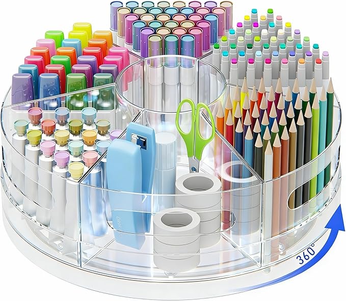 CraftGenes Rotating Organizer, Clear Acrylic Pen Holder and Pen Organizer for Desk, Art Supply Organizer and Marker Organizer, 7 Removable Compartments for Office Supplies, Classroom, Craft Room
