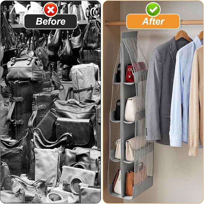 4 Pack 8 Pockets Handbag Hanging Purse Organizer for Closet, Purse Storage, Womens Purses Hanger and Handbag Organizer for Space Hanging Shelf for Closet, Wardrobe, Over Door (Grey)