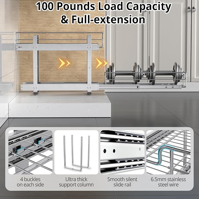 ZOINLIY Pull Out Cabinet Organizer, Versatile Slide Out Kitchen Organizers and Storage,Heavy Duty Drawer Cupboard Storage Basket, Smooth Sliding, Chrome Finish (2-Tiers-14¼''W×22“D)