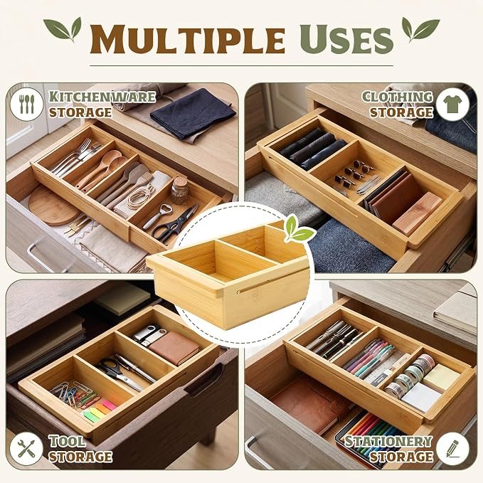 Yookeer 4 Pcs Expandable Drawer Organizer Adjustable Hanging Deep Drawer 11.4'' to 18.1'' Bamboo Wood Dividers Storage Tray for Desk Kitchen Bedroom Bathroom Office Supplies