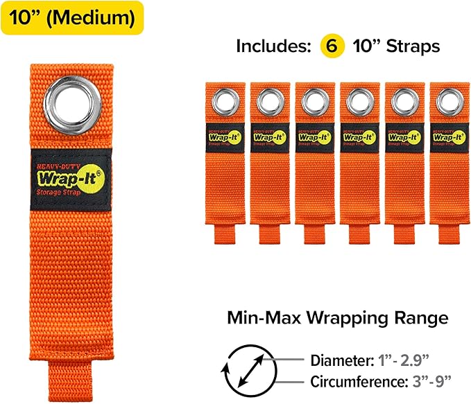 Heavy-Duty Wrap-It Storage Straps - 10-inch (6-Pack) Blaze Orange - Garage Organizer and Electric Cord Holder for Garage Essentials