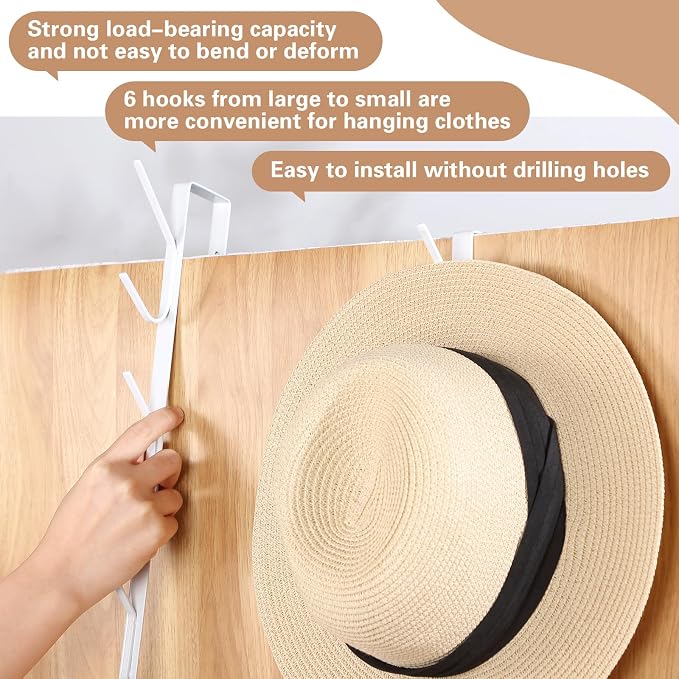 Tandefio 2 Pack 13.8" Over The Door Hook Hanger Comes with 6 Hooks from Large to Small Metal Extra Long Over The Door Hooks Hanger for Hats Rack Coat Scarf Purse Bags Scarf Keys and More (White)