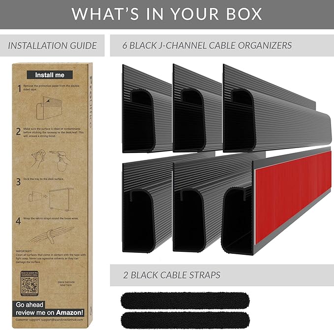Cable Management ProOffice 96in J Channel Cable Raceways - 6X 16in Black No Screw/No Drill Computer Cord Organizer - Cable Channels for Wire Management Under Desk with Adhesive