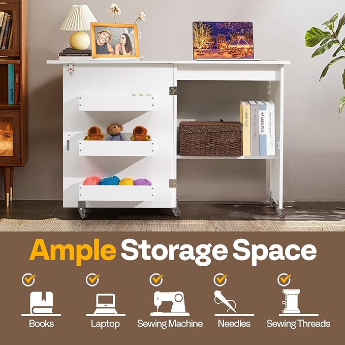 VIVOHOME Folding Sewing Table for Sewing Machine, Sewing Desk with Storage | Rolling Sewing Craft Table with Storage Shelves, Trays, Wheels, Sewing Cabinet with Lift for Small Spaces, White