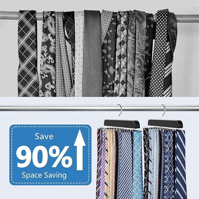 2 Pack Tie Rack & Belt Hanger 2 in 1 Tie Hanger Space Saving Max 42 Belts& 60 Ties (Black, 2 Pack Tie Hangers)