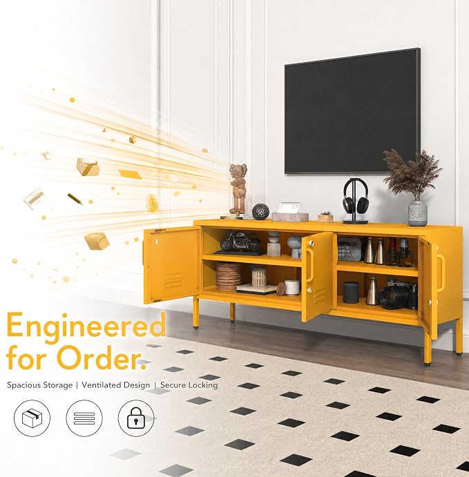 Metal Storage Cabinet with Adjustable Shelves Lockable TV Stand Home Tool Metal Cabinet Easy Assembly Yellow 22" H X 47.3" W X 13.8" D