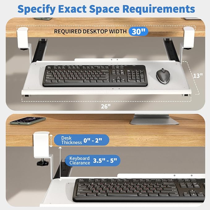 Keyboard Tray Under Desk - Full Metal Slide Out Holder, Rust-Resistant & Scratch-Proof, Double C-Clamps, 26x13" Tray for L Shape/Regular Desks, Standing/Sitting Workstation(White-B)