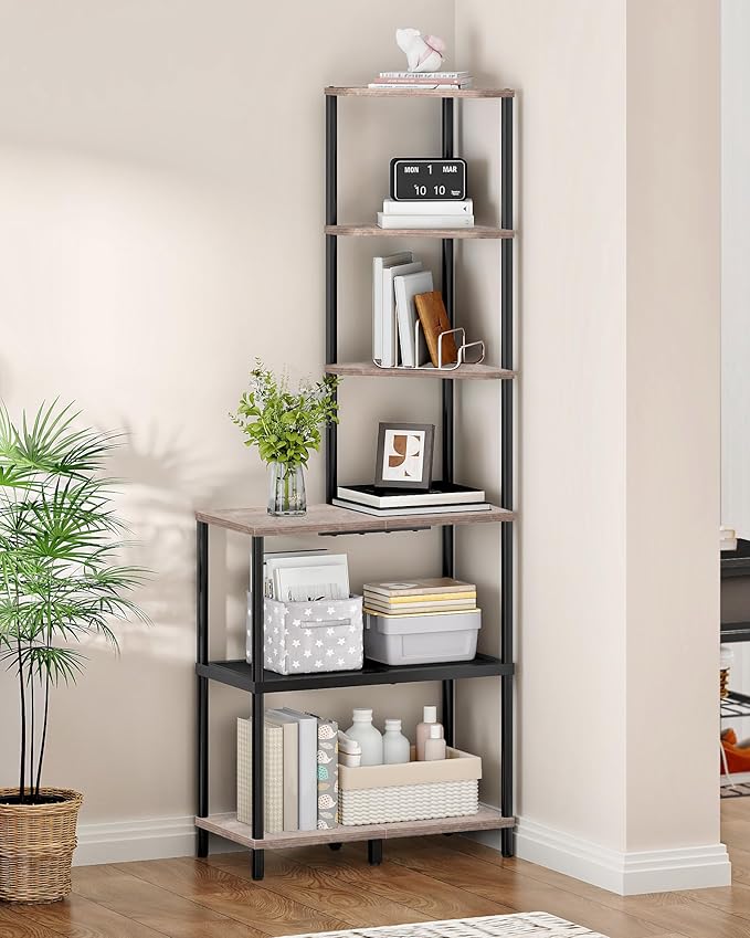 CHOEZON 6-Tier Corner Shelf, Industrial Corner Bookshelf with Desk Top, Diamond-Shaped Storage Shelves, Display Stand for Small Spaces, Living Room, Home Office, Foyer, Greige and Black TCJ70BG