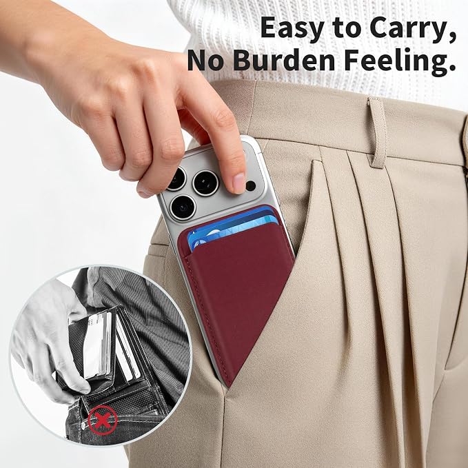 Magnetic Wallet Phone Card Holder for Phone Case with Mag-Safe, Stronger Magnetic RFID Leather Phone Wallet Stick on Series of iPhone 17/16/15/14/13/12 and Pro/Promax, Burgundy