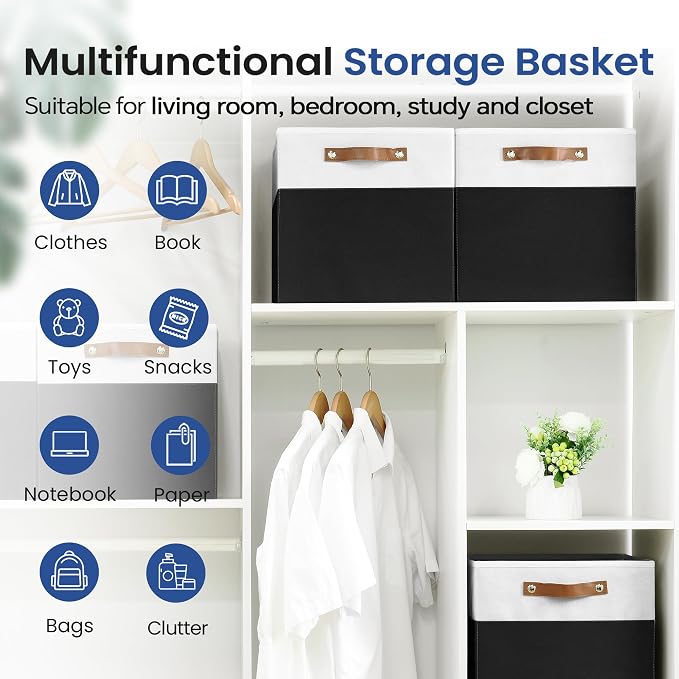 FinishingBo 13 inch Storage Bins with Labels 6 Pack | PU Leather Handles, Foldable Storage Cubes, Storage Baskets, Closet Storage, White/Black