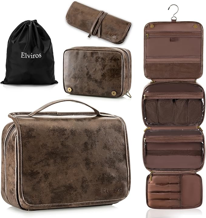 Elviros Hanging Toiletry Bag Removable Travel Bag PU leather Makeup Cosmetic Organizer Kit, Coffee | Removable Travel Organizer Bag for Cosmetics, Toiletries, Makeup Tools, and Daily Essentials with Easy Carry Design