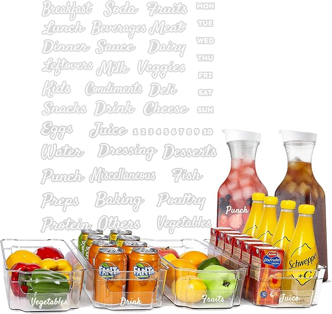 Mintitude Fridge Labels for Food Storage Containers, Preprinted White Script Clear Stickers for Easy Organization in Fridge, Freezer and Pantry Water& Oil Resistant