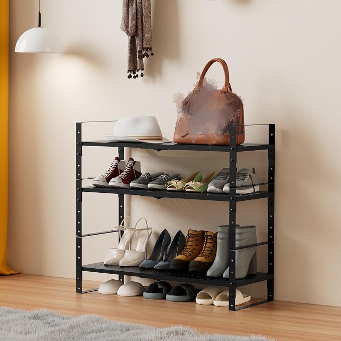Multi-Functional Metal Shoe Rack, Space-Saving, Perfect for Entryway, Closet, Bathroom, etc. - Sturdy and Durable, High Weight Capacity(1PACK/Black/Medium)