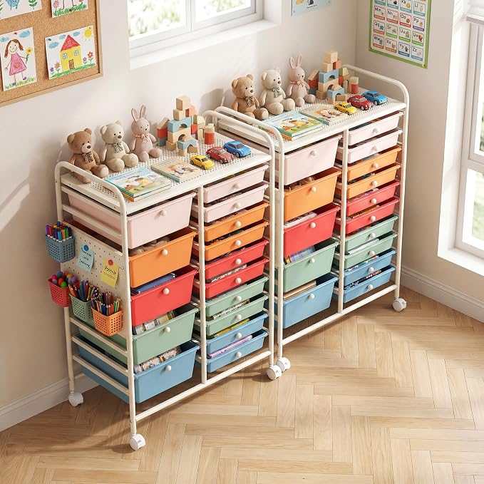 DREAMADE 15-Drawer Rolling Storage Cart, Craft Organizer Cart, Macaron | Mobile Utility Cart with Metal Pegboard Panels, Tabletop and Lockable Wheels for Classroom, Office, Studio and Playroom