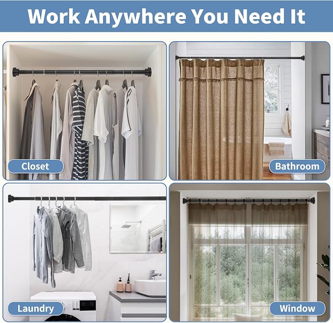 No Drilling Adjustable Closet Rod, 26-80 Inches Heavy Duty Tension Rod for Hanging Clothes for Closet, Laundry Room & RV, Black