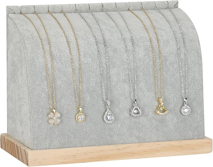 KUKUVR Velvet Cambered Necklace Display Stand for Women, Wood Base Jewelry Holder Rack for Necklace Pendant Bracelet Chains, Necklaces Storage Organizer Showcase for Selling Vendors exhibition (Grey)