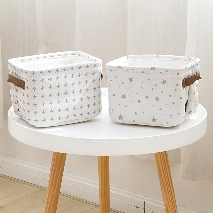 Sea Team Collapsible Small Canvas Fabric Storage Basket with Handles, Square Mini Storage Box, Cube, Foldable Shelf Basket, Closet, Desk Organizer for Nursery, Home, Office (Grey, Set of 4)