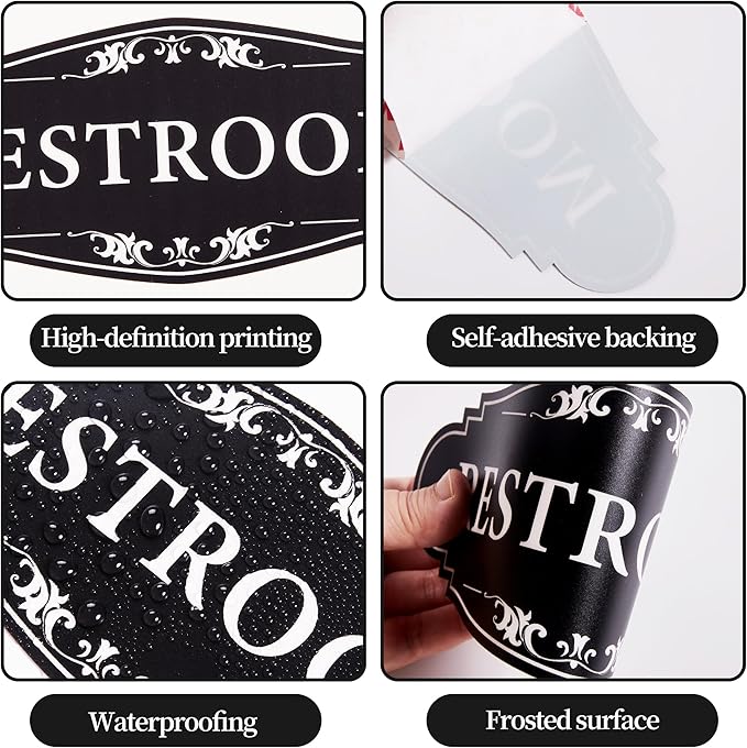 Restroom Sign for Business and Home，Self-adhesive Unisex Bathroom Sign Sticker，Waterproof Vinyl Toilet Decor for House，Office，Shop，Door（Black）