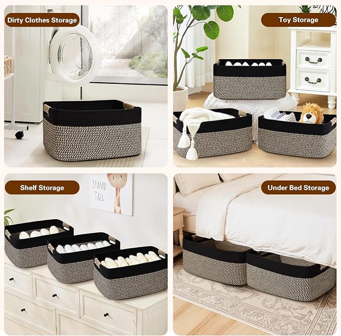 3 Pack Large Storage Basket for Organizing, 17.5"x13"x7" Woven Basket for Shelves, Closet Cube Storage Bins with Wrapped Handle, Cotton Rope Baskets for Kitchen, Clothes, Toys(Black & Brown)
