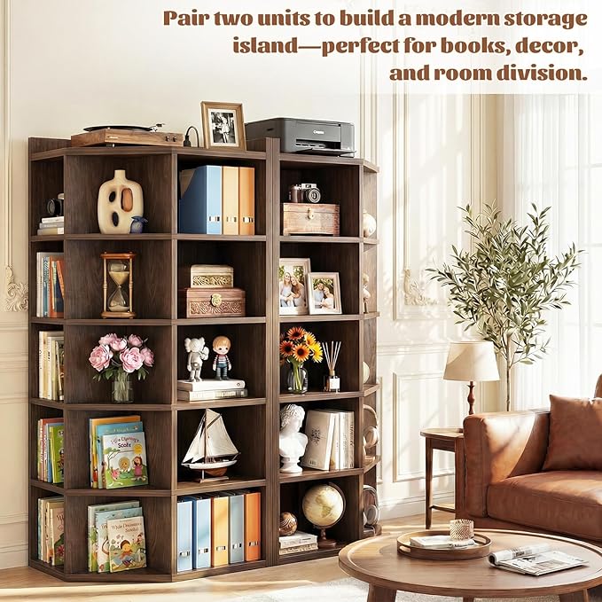 Aheaplus Corner Cabinet, 6-Tier Corner Bookshelf with Power Outlets, Corner Cube Storage Shelf with Top Table, Wooden L Shaped Cubby Storage for Home Office, Bedroom, Living Room, Black Walnut