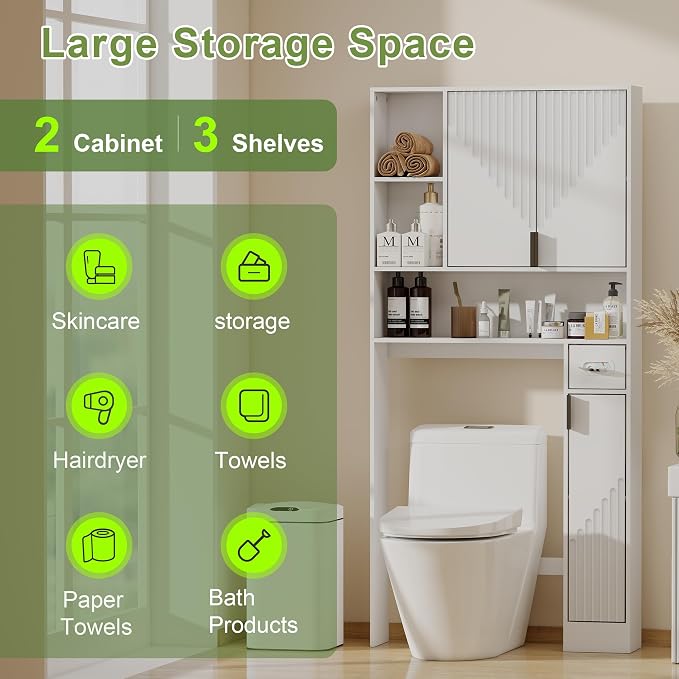 GOODONE White Over The Toilet Storage Cabinet - with 3 Doors and Toilet Paper Holder Stand, FreeStanding, for Bathroom, Restroom, Laundry