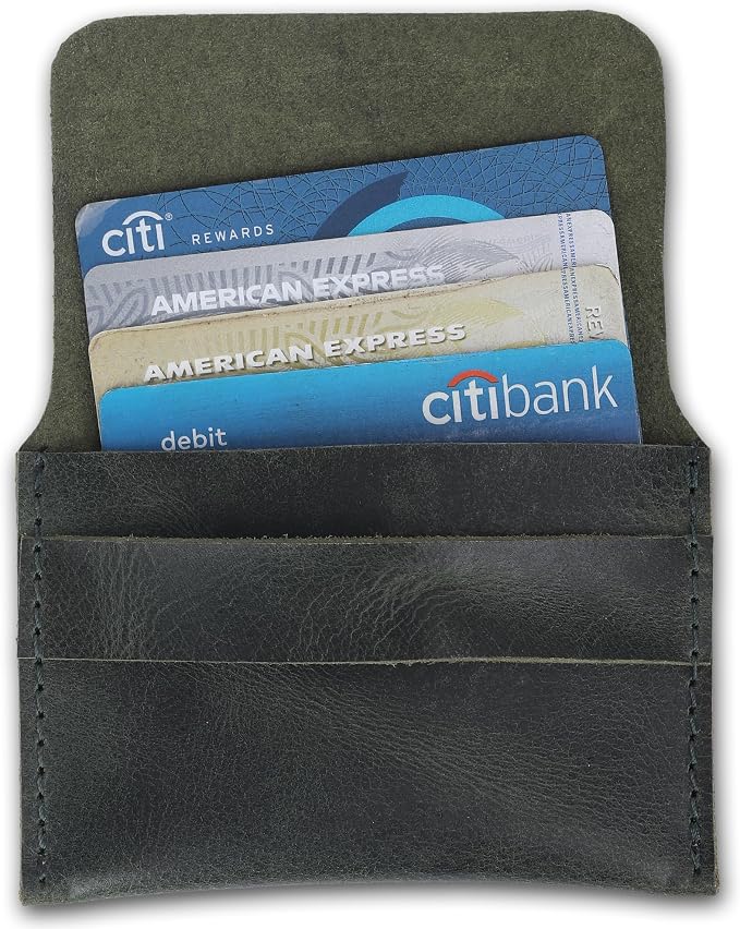 Distressed Leather Business Card Holder Slim Credit Card Wallet for Men and Women Vintage Brown Leather Compact Minimalist Card Organizer for Pocket or Purse Durable Card Case (Green)