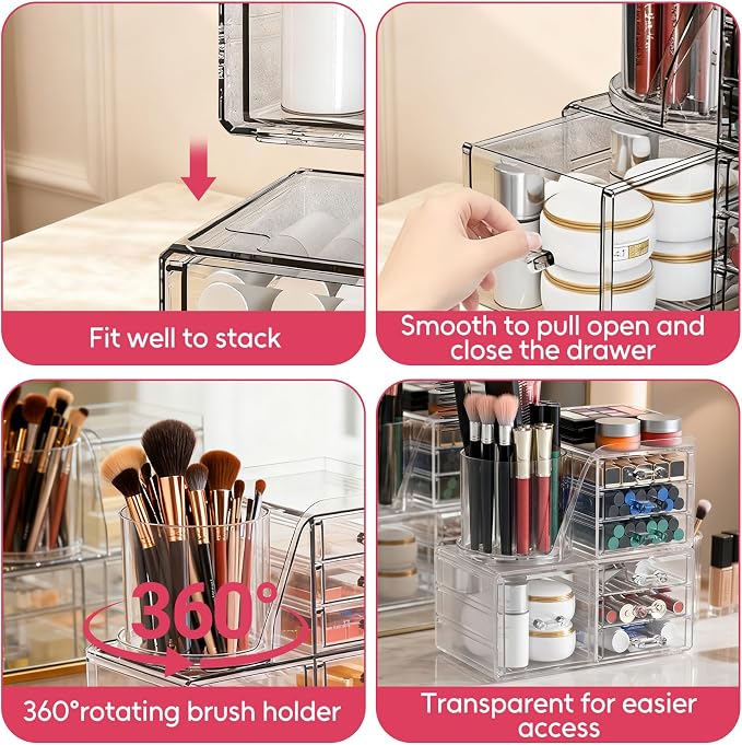 ShineMe Make Up Organizers for Vanity, 2 Tier Acrylic Stackable Cosmetic Organizer with Rotating Makeup Brush Holder & 7 Drawers, Clear Hair Accessory Organizer Countertop for Dresser, Bathroom