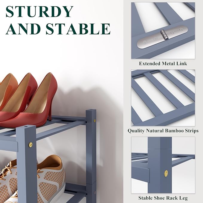 Smiry Bamboo Shoe Rack for Closet, 6 Tier Wooden Shoe Organizer, Stackable Wood Shoe Storage Shelf for Entryway, 14 Vertical Slats, 3+3 Stack Heavy-Duty Legs, 26.77"x11.02"x36.61", Grey