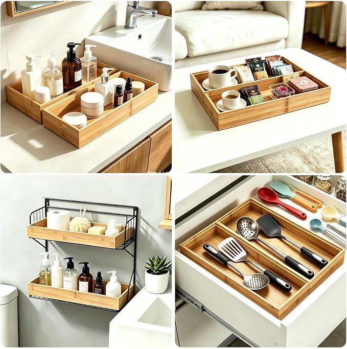 Kitchen Bamboo Drawer Organizer Set of 2, Large Wide Stackable Drawer Organizer for Silverware, Utensils, Cutlery, Flatware, Junk Drawer, Dresser, Bathroom, 17" x 6" x 2"