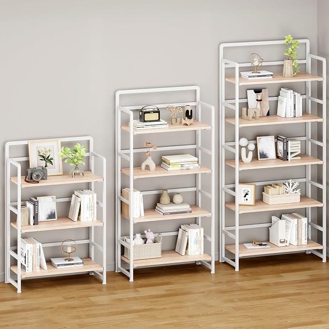 No Assembly Folding Bookshelf, 5 Tiers Collapsible Book Shelf for Home Office, Vintage Wood Foldable Bookcase Storage Organizer for Living Room Bedroom (Beige)