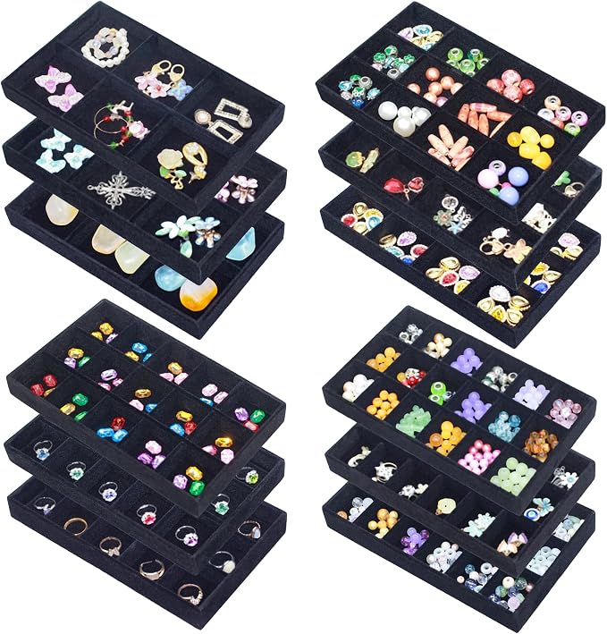 12 Pack Velvet Jewelry Drawer Organizer Trays Stackable Jewelry Storage Inserts Set Jewelry Tray for Earring Necklace Rings Bracelet with Removable Dividers for Dresser & Vanity,Black