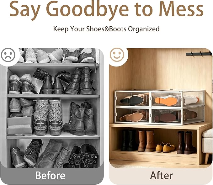 6 Pack Stackable Shoe Storage Boxes, Plastic Shoe Organizer Drawers Bins for Closet, Ventilated Shoe Containers with Lids for Sneakers, Heels and Boots, Clear