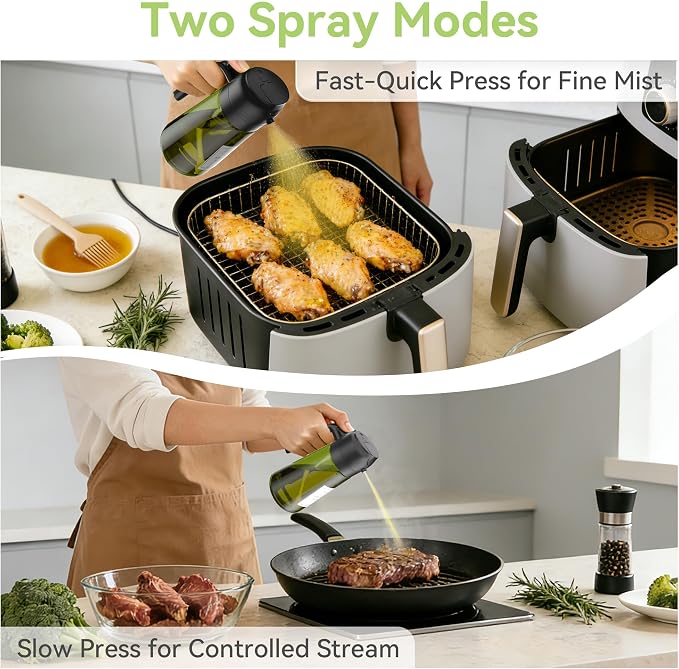 USLAI Oil Sprayer for Cooking, 16oz/470ml 2 in 1 Glass Olive Oil Dispenser Bottle for Kitchen, Air Fryer, BBQ and Salad - Black Green