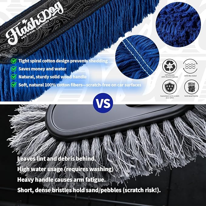 Flash Dog Car Duster Exterior - 25" Wood Handle Wax Cotton Hair Scratch Free Cleaning for Cars/SUV/Truck/RV Roofs & Windshields | Waterless Dust & Pollen Remover