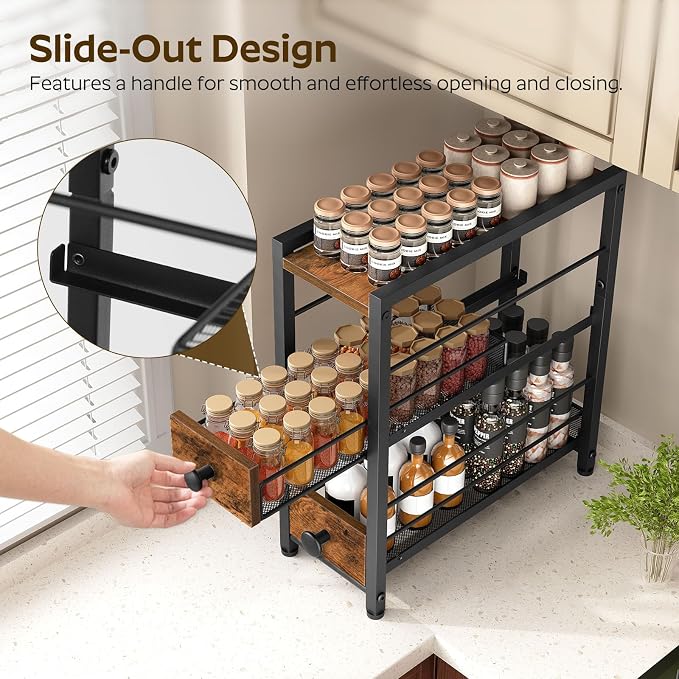 YATINEY Spice Rack, 3-Tier Pull Out Spice Rack Organizer for Countertop, Narrow Kitchen Countertop Storage Shelf with 2 Drawers, for Kitchen, Cafe, Rustic Brown and Black SR02BR