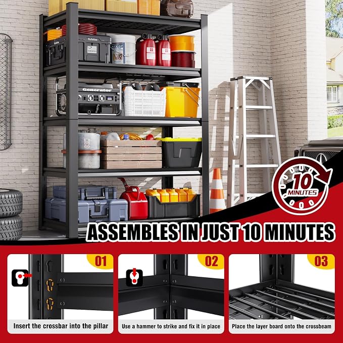 Set of 3 Garage Shelving-3000 lbs 5 Tier Storage Shelves, Adjustable Heavy Duty Metal Shelving Unit and Storage Large Wire Rack, Utility Steel Shelf for Warehouse Industrial-78 x46 x20, Black