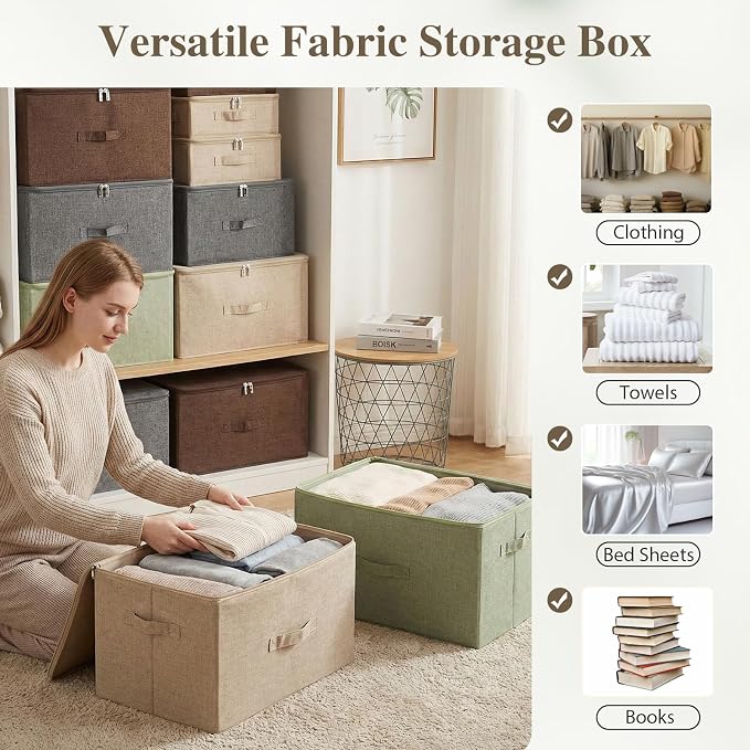 ANMINY Storage Bins with Zipper Lids 51.9 Qt Lidded Fabric Storage Boxes Baskets Cubes with Handles Collapsible Washable Cotton Linen Closet Shelf Clothes Organizer - Extra Large, Coffee