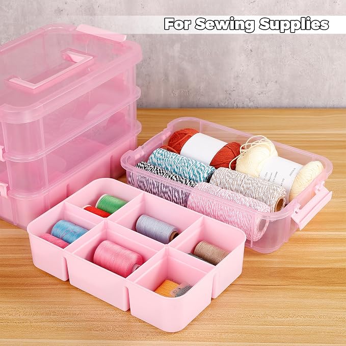 CraftGenes Art Supply Storage Organizer, 4-Tier 10 Qt Box, 2 Trays, Pink | Clear Compartments; Dual Removable Inserts; Carry Handle; Side Latches; Markers, Crayons, Brushes, Jewelry, Accessories