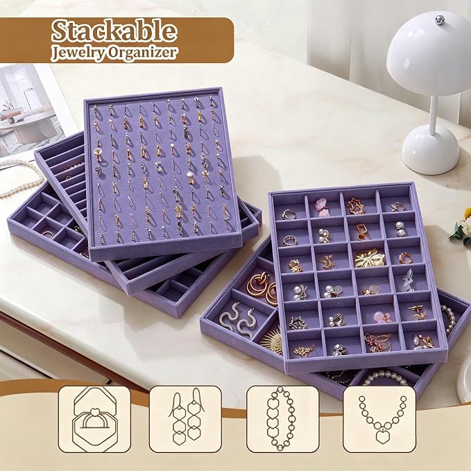 Large Velvet Jewelry Tray 2 Pack Stackable Jewelry Display Drawer Inserts Trays Organizer for Earring Bracelet Necklace Ring (Purple, Ring 81 Slots)
